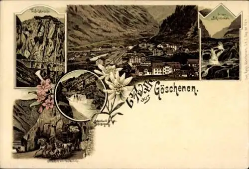 Litho Göschenen Kanton Uri, Schöllenen, Teufelsbrücke, Postkutsche