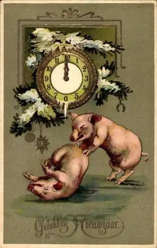 Präge Litho Glückwunsch Neujahr, Schweine, Uhr