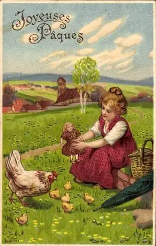 Präge Ak Glückwunsch Ostern, Mächen mit Puppe, Huhn, Küken