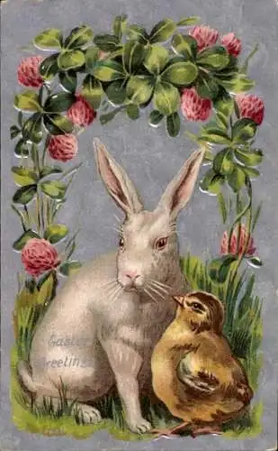 Präge Litho Glückwunsch Ostern, Hase, Küken, Klee