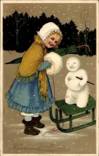 Präge Litho Glückwunsch Neujahr, Mädchen mit Schneemann auf einem Schlitten