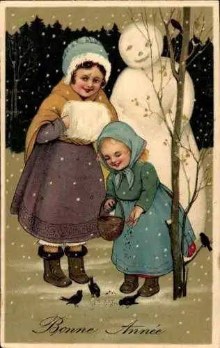 Präge Litho Glückwunsch Neujahr, Mädchen füttert Vögel, Schneemann