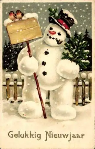 Ak Glückwunsch Neujahr, Schneemann mit Schild, Vögel