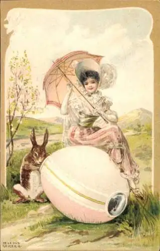 Künstler Litho Hegedüs-Geiger, Glückwunsch Ostern, Dame auf einem Osterei, Hase