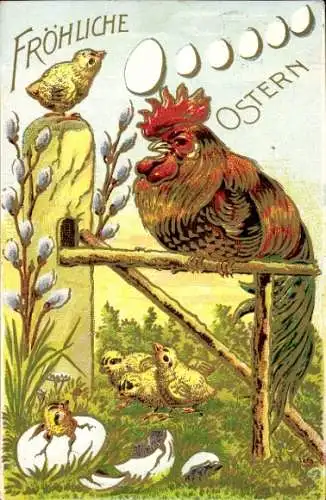 Präge Litho Glückwunsch Ostern, Hahn, Küken, Weidenkätzchen