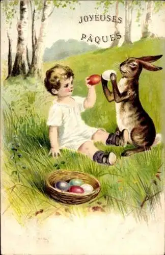 Präge Litho Glückwunsch Ostern, Kind mit Hase und Eiern auf einer Wiese