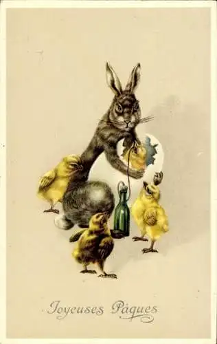 Litho Glückwunsch Ostern, Küken trinkt aus der Flasche, Hase