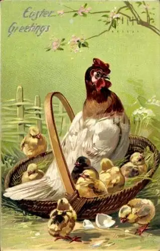 Ak Glückwunsch Ostern, Küken, Korb, Henne