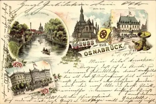 Litho Osnabrück in Niedersachsen, Justizgebäude, Marienkirche, Rathaus, Kaiserpokal