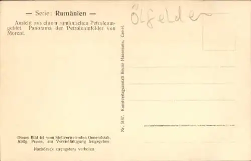 Ak Moreni Rumänien, Panorama der Petroleumfelder, Ölbohrtürme