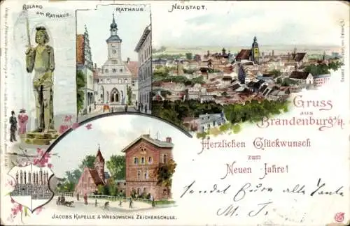 Litho Brandenburg an der Havel, Rathaus, Roland, Neustadt, Jacobskapelle, Wredowsche Zeichenschule