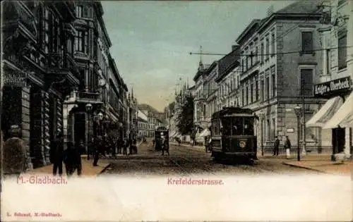 Ak Mönchengladbach am Niederrhein, Krefelderstraße, Straßenbahn, Zigarrenhandlung Krüger & Oberbeck