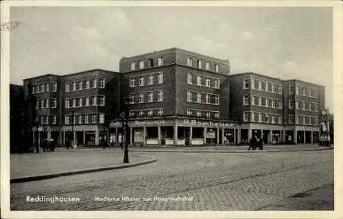 Ak Recklinghausen im Ruhrgebiet, Moderne Häuser am Hauptbahnhof, Restaurant H. Bomheuer