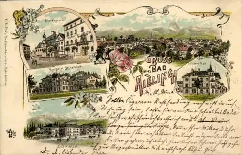 Litho Bad Aibling in Oberbayern, Marktplatz, Kurhotel Mittelsbach, Ludwigsbad