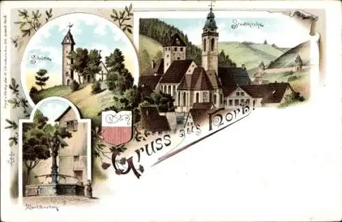 Litho Horb Württemberg, Stadtkirche, Schütte, Marktbrunnen, Wappen