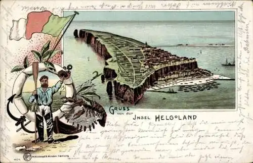 Litho Helgoland, Gesamtansicht der Insel, Fischer mit Ruder, Hummer, Netz