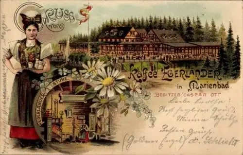 Litho Mariánské Lázně Marienbad Region Karlsbad, Kaffee Egerländer, Stube, Frau in Tracht