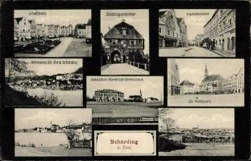 Ak Schärding am Inn Oberösterreich, Stadtplatz, Schlossgartentor, Volksschule, Pfarrkirche