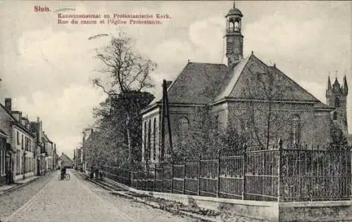 Ak Sluis Zeeland Niederlande, Rue du Canon, Protestantische Kirche