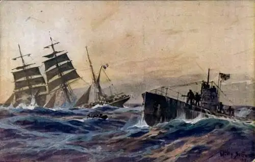 Künstler Ak Stöwer, Willy, Deutsches U Boot versenkt französische Bark, Atlantik, U-Boot Spende 1917