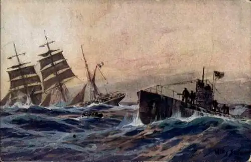 Künstler Ak Stöwer, Willy, Deutsches U Boot versenkt französische Bark, Atlantik, U-Boot Spende 1917