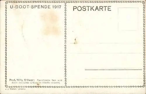 Künstler Ak Stöwer, Willy, Deutsches U Boot versenkt französische Bark, Atlantik, U-Boot Spende 1917