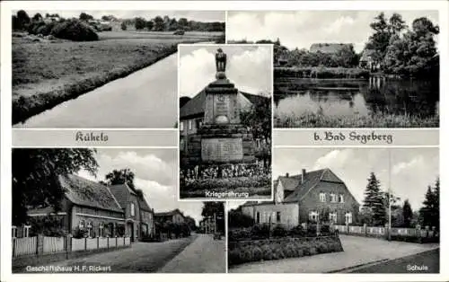 Ak Kückels Kükels in Schleswig Holstein, Schule, Kriegerehrung, Geschäftshaus