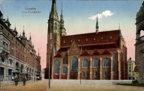 Ak Legnica Liegnitz Schlesien, Peter-Paul-Kirche, Straßenbahn