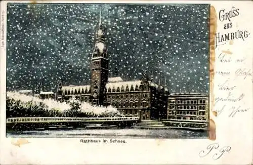 Glitzer Litho Hamburg, Rathaus, Schnee