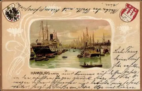 Präge Passepartout Litho Hamburg, Hafen, Schiffe, Boote, Wappen