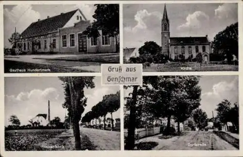 Ak Genschmar im Oderbruch, Kirche, Gasthaus Hundertmark, Flockenfabrik, Dorfstraße