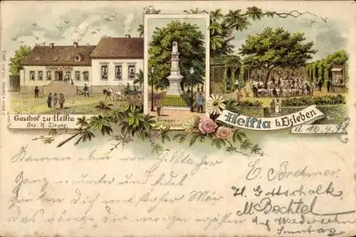 Litho Helfta Lutherstadt Eisleben in Sachsen Anhalt, Kriegerdenkmal, Gasthof zu Helfta