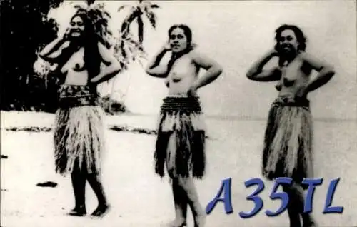 QSL Ak Tonga Ozeanien, A35TL, barbusige Tänzerinnen