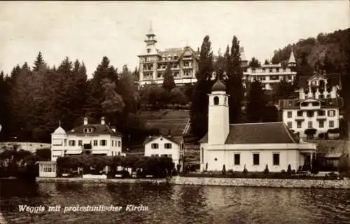 Ak Weggis Kanton Luzern, Teilansicht mit protestantischer Kirche