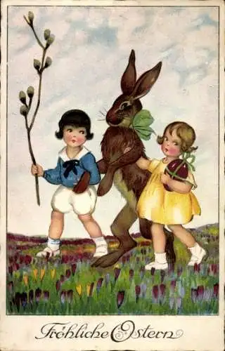 Ak Glückwunsch Ostern, Osterhase mit zwei Kindern, Osterei, Weidenkätzchen