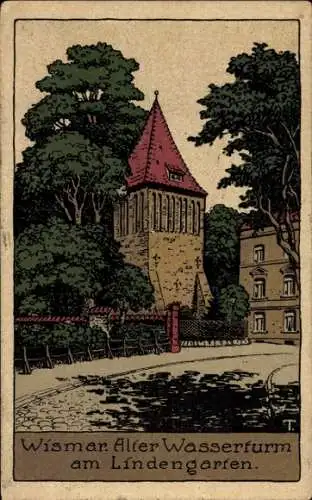 Steindruck Ak Hansestadt Wismar, Alter Wasserturm am Lindengarten