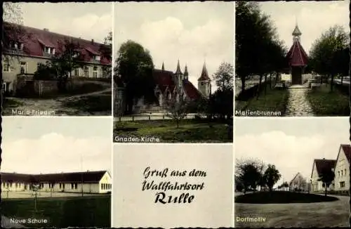 Ak Rulle Wallenhorst Niedersachsen, Maria Frieden, Gnadenkirche, Marienbrunnen, Schule, Dorfmotiv