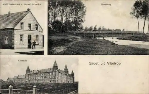 Ak Vlodrop Limburg Niederlande, Café-Restaurant Gerard Schmitz, Kloster, Roerbrücke