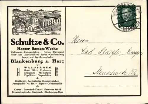 Ak Blankenburg am Harz, Schultze & Co., Harzer Samen Werke, Waldsamen, Baumschule