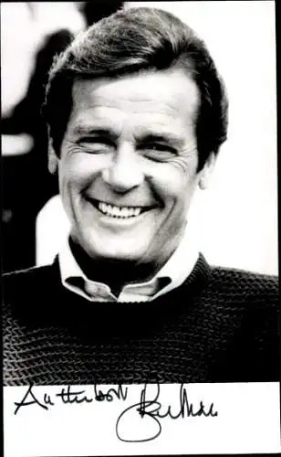 Foto Schauspieler Roger Moore, Portrait, Autogramm