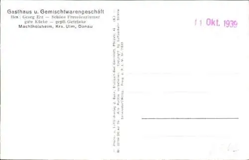 Ak Machtolsheim Laichingen in Württemberg, Fliegeraufnahme, Gasthaus und Geschäft Georg Erz