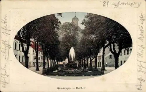 Präge Passepartout Ak Memmingen an der Iller Schwaben, Ansicht vom Hallhof, Springbrunnen