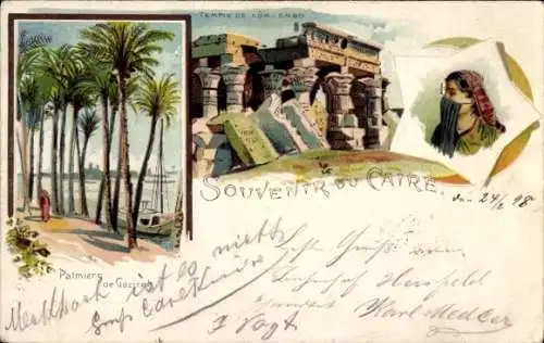 Litho Cairo Kairo Ägypten, Temple de Kom Ombo, Palmiers de Gezireh, Ägypterin mit Schleier