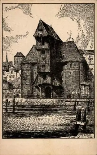 Künstler Ak Lenz, W., Gdańsk Danzig, Blick übers Wasser auf das Krantor