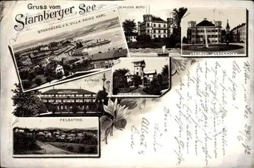 Vorläufer Litho Starnberg in Oberbayern, Schloss Berg, Schlösschen in der Roseninsel, Feldafing,1892