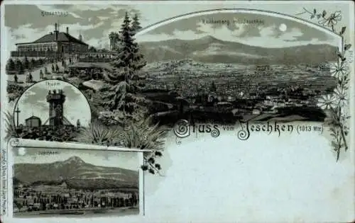 Mondschein Litho Ještěd Jeschken Region Reichenberg, Koppenhaus, Aussichtsturm, Reichenberg