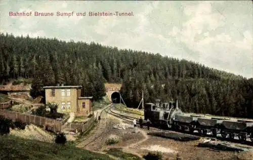 Ak Blankenburg am Harz, Bahnhof Braune Sumpf und Bielsteintunnel, Harz Zahnradbahn