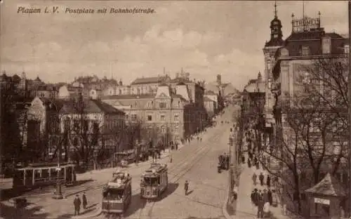 Ak Plauen im Vogtland, Postplatz, Bahnhofstraße, Straßenbahnen