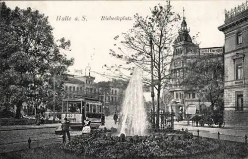 Ak Halle an der Saale, Riebeckplatz, Straßenbahn 40, Fontäne