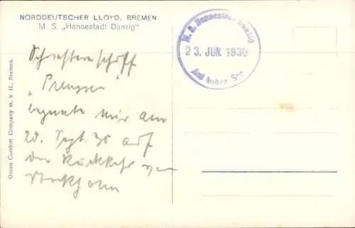 Ak Dampfschiff MS Hansestadt Danzig, Norddeutscher Lloyd Bremen